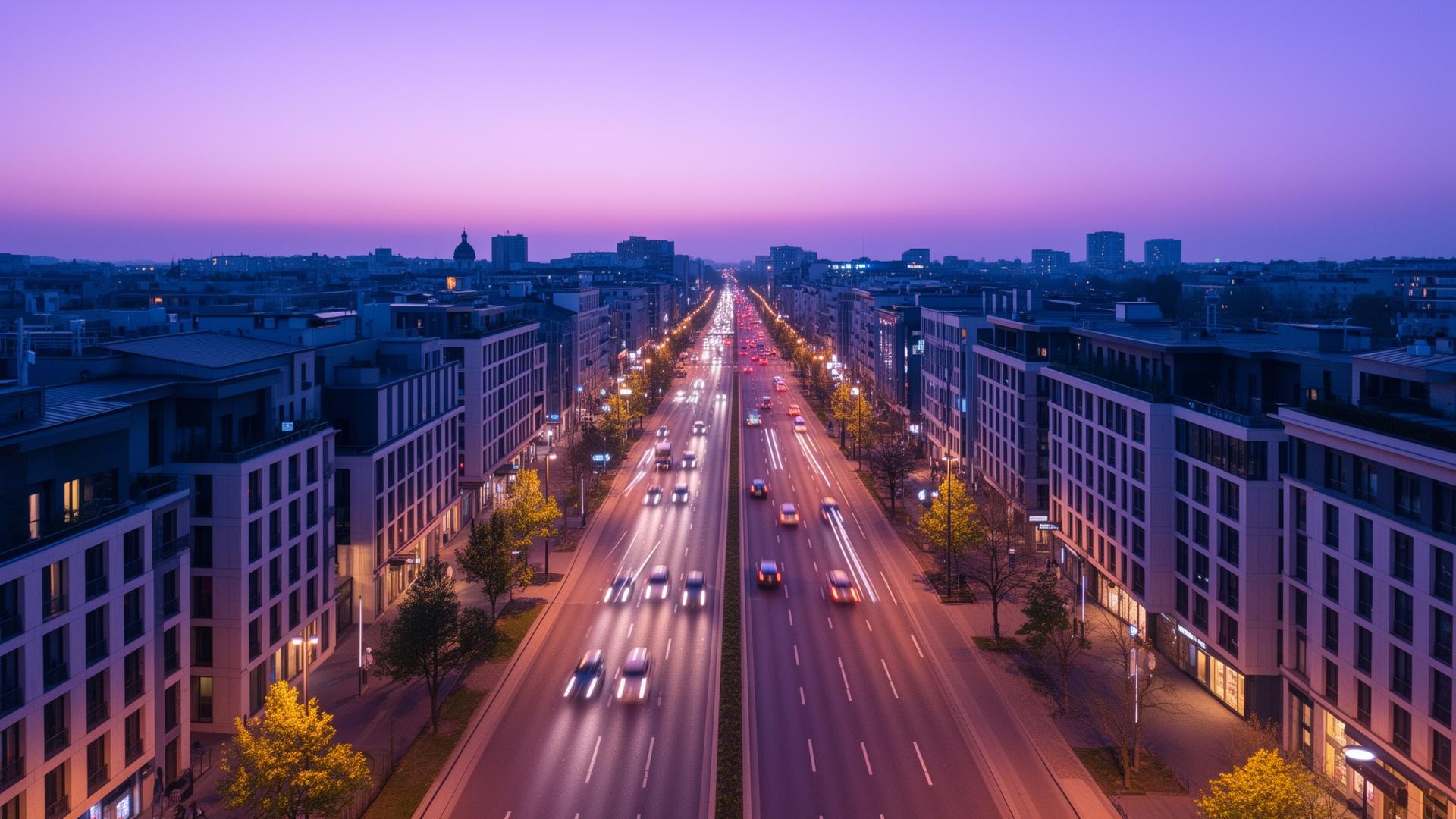 European city at dusk with monitored traffic
